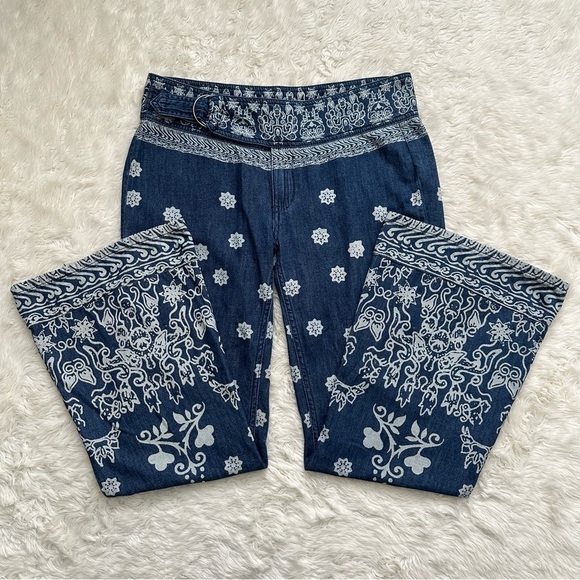 Free People We The Free Pants Journey Flare Jeans Belted Printed Retro Blue 27 - Picture 5 of 12